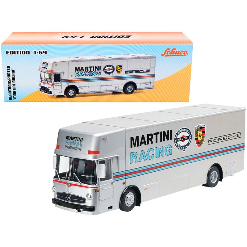 Mercedes Benz Race Car Transporter "Martini Racing" Silver with Stripes 1/64 Diecast Model by Schuco-Schuco-ModelCars.com