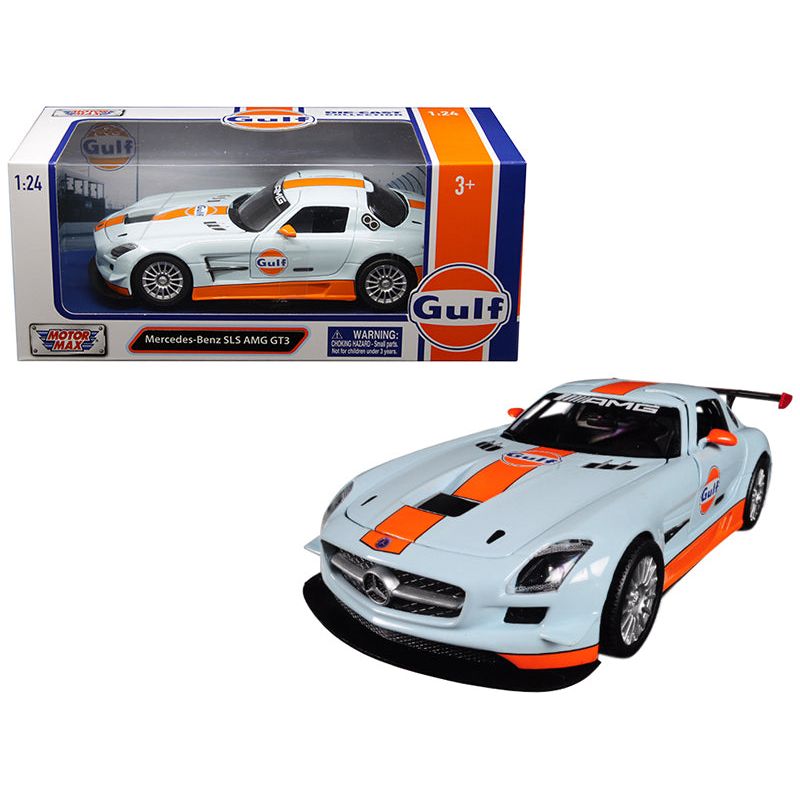 Mercedes Benz SLS AMG GT3 with "Gulf" Livery Light Blue with Orange Stripe 1/24 Diecast Model Car by Motormax - Motormax - ModelCars.com