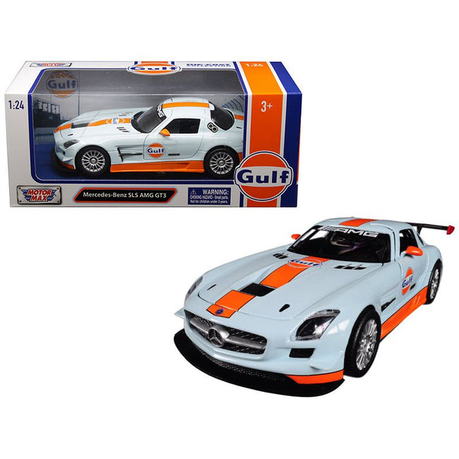 Mercedes Benz SLS AMG GT3 with "Gulf" Livery Light Blue with Orange Stripe 1/24 Diecast Model Car by Motormax - Motormax - ModelCars.com
