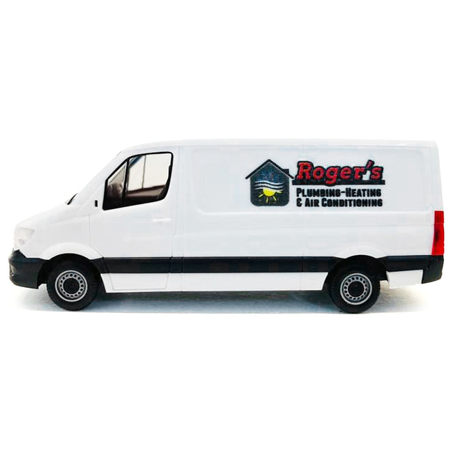 Mercedes - Benz Sprinter Van White "Roger's Plumbing - Heating & Air Conditioning" 1/87 (HO) Plastic Model Car by Promotex - Promotex - ModelCars.com