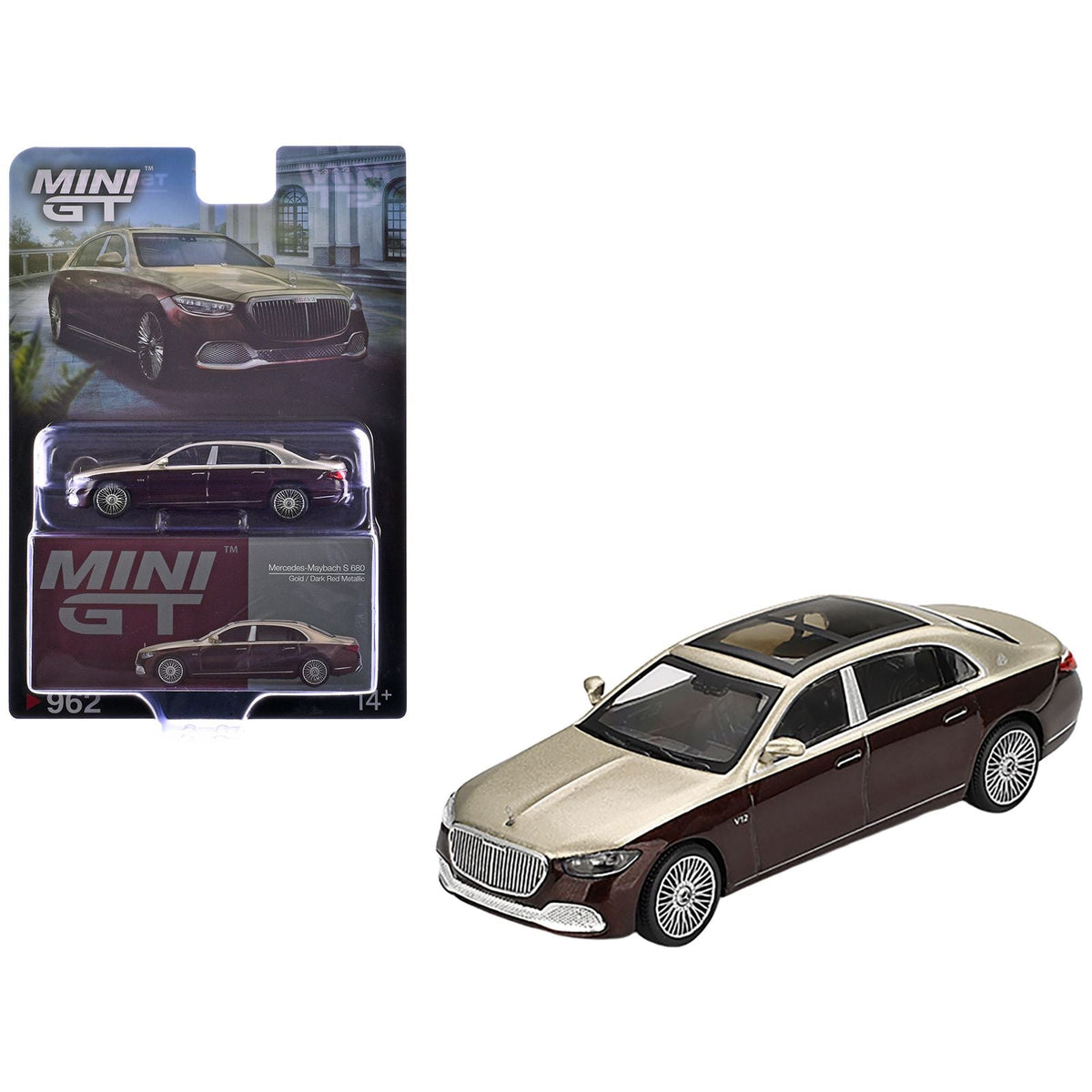 Mercedes-Maybach S 680 Gold Metallic and Dark Red Metallic Limited Edition 1/64 Diecast Model Car by Mini GT-Mini GT-ModelCars.com