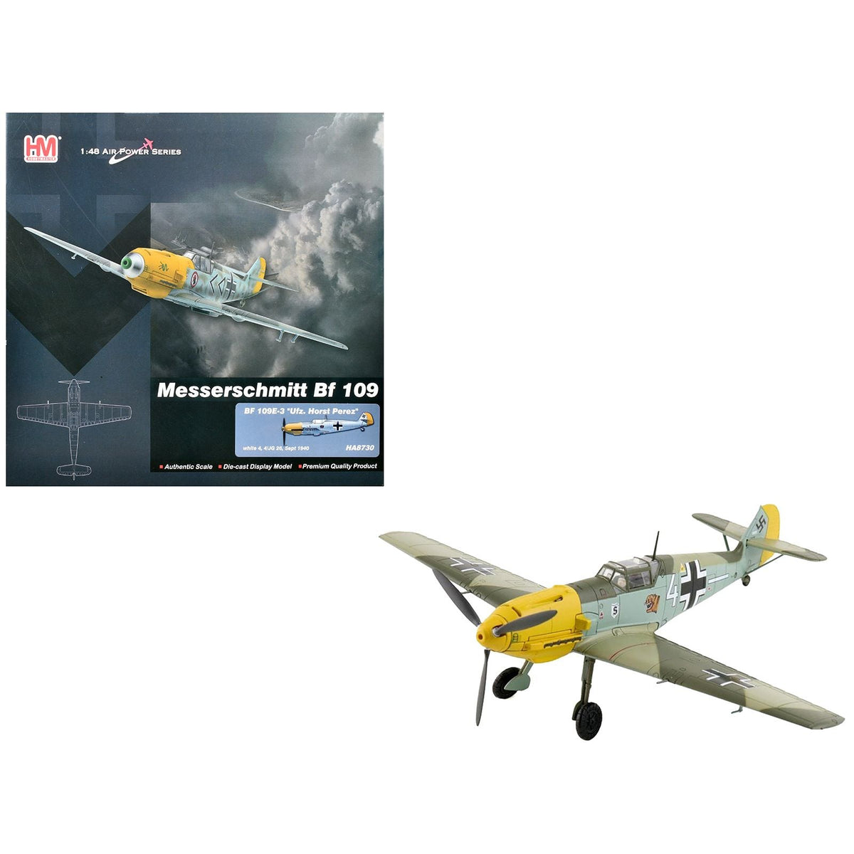 Messerschmitt Bf 109E-3 Fighter Aircraft "White 4 Unteroffizier Horst Perez 4/JG 26" (1940) German Luftwaffe "Air Power Series" 1/48 Diecast Model by Hobby Master-Hobby Master-ModelCars.com