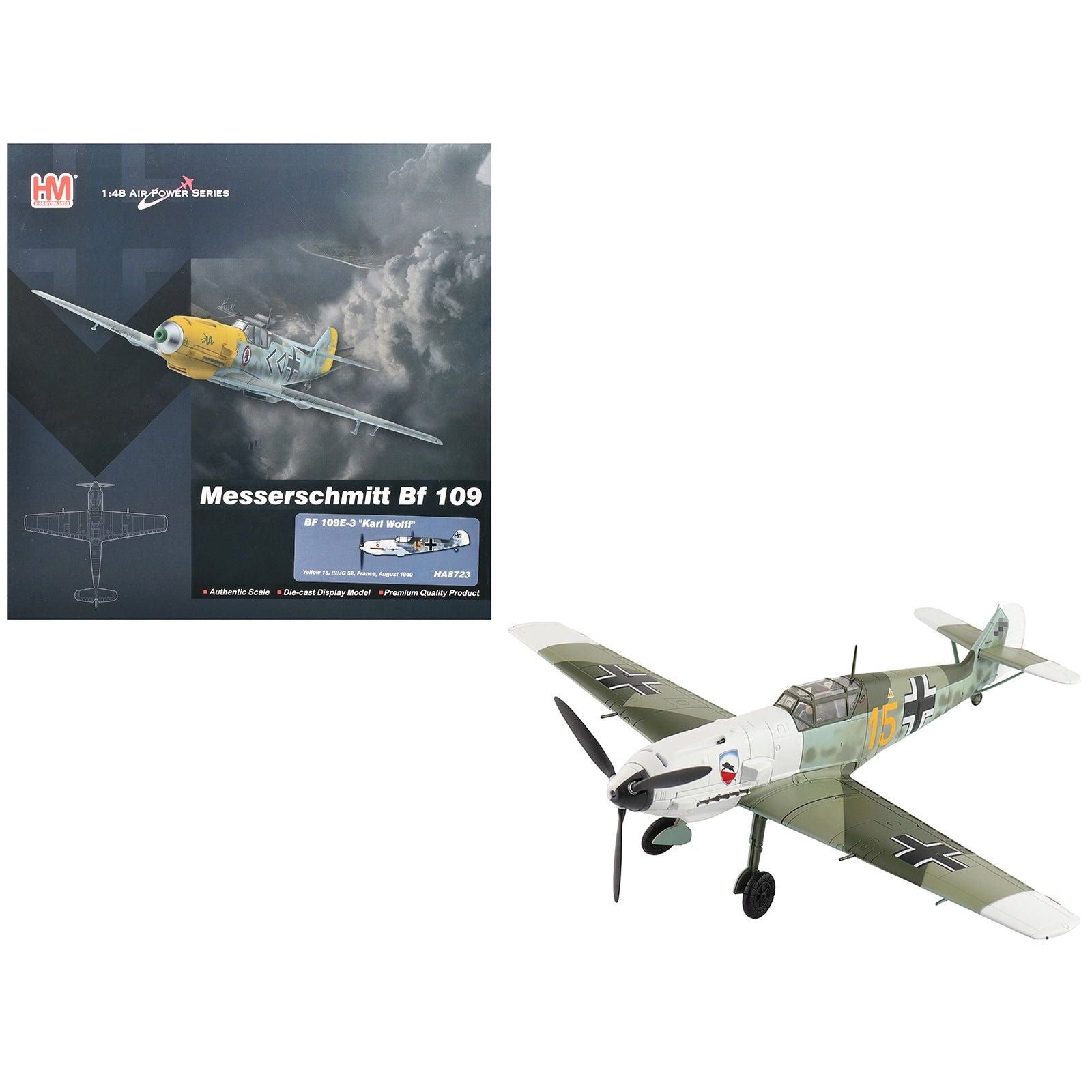 Messerschmitt Bf 109E - 3 Fighter Aircraft "Yellow 15 Karl Wolff III/JG 52 France" (1940) German Luftwaffe "Air Power Series" 1/48 Diecast Model by Hobby Master - Hobby Master - ModelCars.com