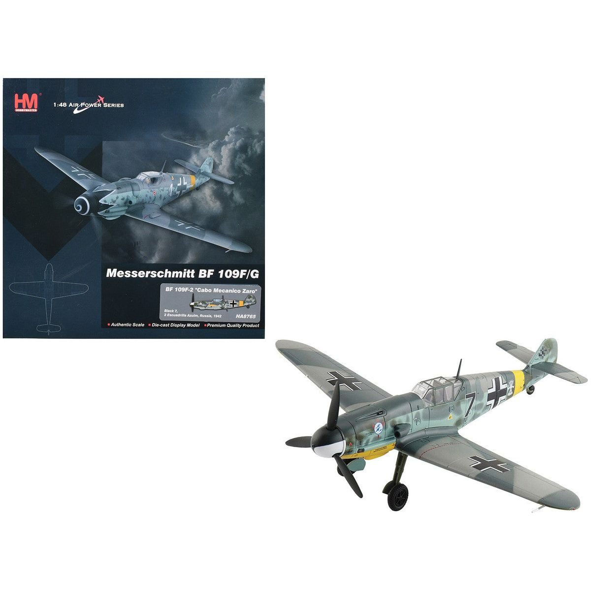 Messerschmitt Bf 109F - 2 Fighter Aircraft "Black 7 Cabo Mecanico Zaro 2 Escuadrilla Azul Russia" (1942) Spanish Air Force "Air Power Series" 1/48 Diecast Model by Hobby Master - Hobby Master - ModelCars.com