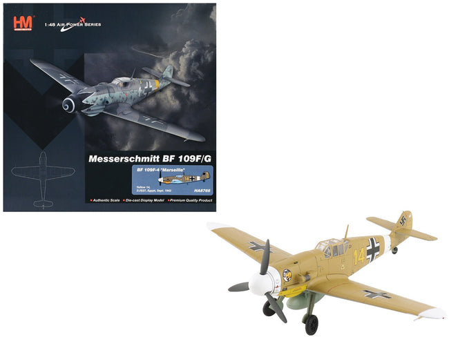 Messerschmitt Bf 109F-4 Fighter Aircraft "Marseille Yellow 14 3./JG27 Egypt" (1942) German Luftwaffe "Air Power Series" 1/48 Diecast Model by Hobby Master-Hobby Master-ModelCars.com
