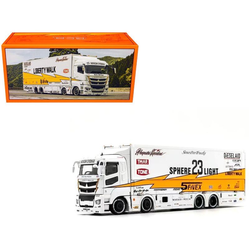 Mitsubishi Fuso Super Great Transporter RHD (Right Hand Drive) 23 "Liberty Walk LB - Trucks" White with Yellow Stripes and Graphics 1/64 Diecast Model by GCD - GCD - ModelCars.com