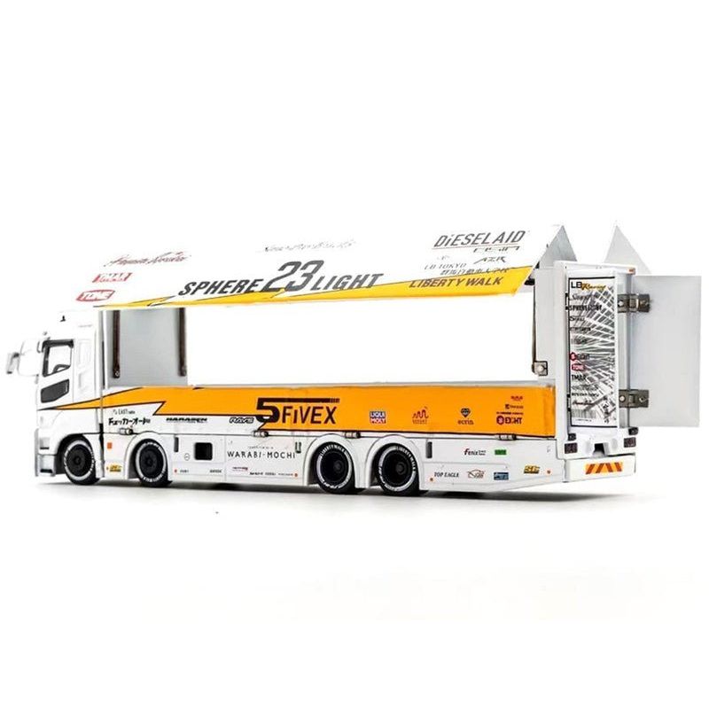 Mitsubishi Fuso Super Great Transporter RHD (Right Hand Drive) 23 "Liberty Walk LB - Trucks" White with Yellow Stripes and Graphics 1/64 Diecast Model by GCD - GCD - ModelCars.com