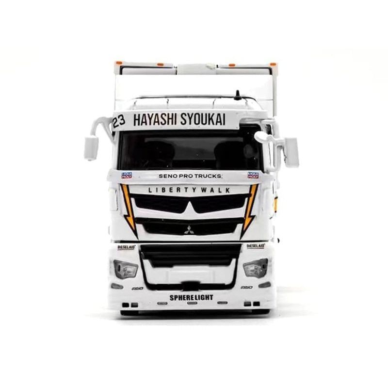 Mitsubishi Fuso Super Great Transporter RHD (Right Hand Drive) 23 "Liberty Walk LB - Trucks" White with Yellow Stripes and Graphics 1/64 Diecast Model by GCD - GCD - ModelCars.com