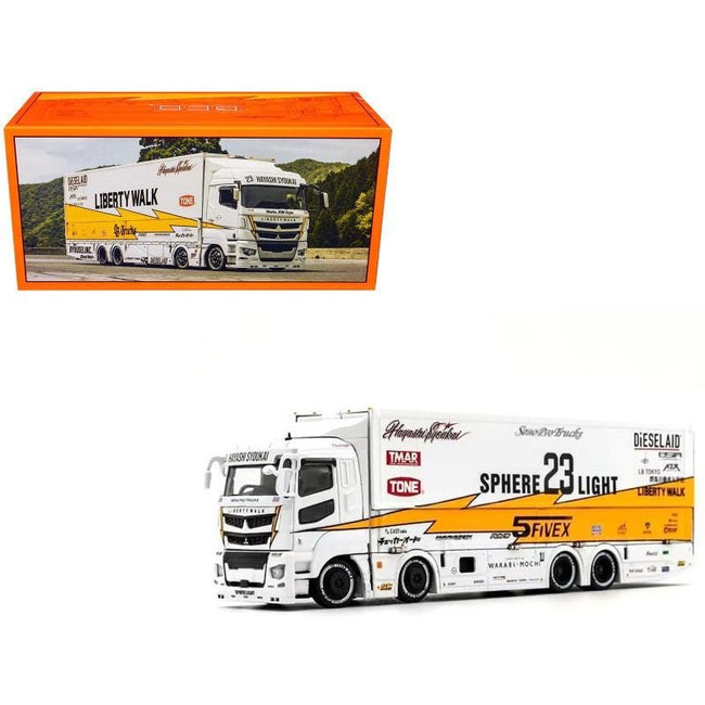 Mitsubishi Fuso Super Great Transporter RHD (Right Hand Drive) #23 "Liberty Walk LB-Trucks" White with Yellow Stripes and Graphics 1/64 Diecast Model by GCD-GCD-ModelCars.com