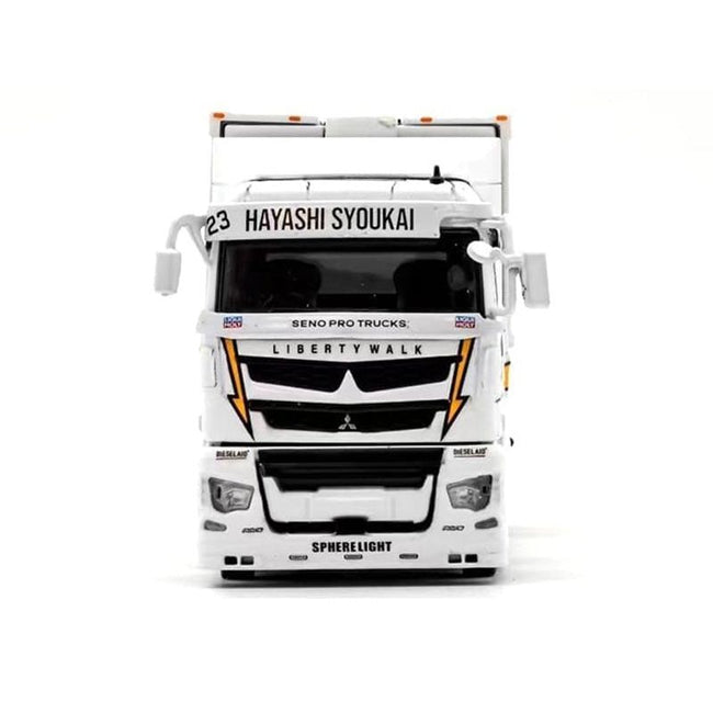 Mitsubishi Fuso Super Great Transporter RHD (Right Hand Drive) #23 "Liberty Walk LB-Trucks" White with Yellow Stripes and Graphics 1/64 Diecast Model by GCD-GCD-ModelCars.com