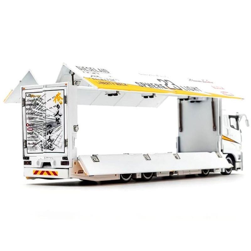 Mitsubishi Fuso Super Great Transporter RHD (Right Hand Drive) 23 "Liberty Walk LB - Trucks" White with Yellow Stripes and Graphics 1/64 Diecast Model by GCD - GCD - ModelCars.com