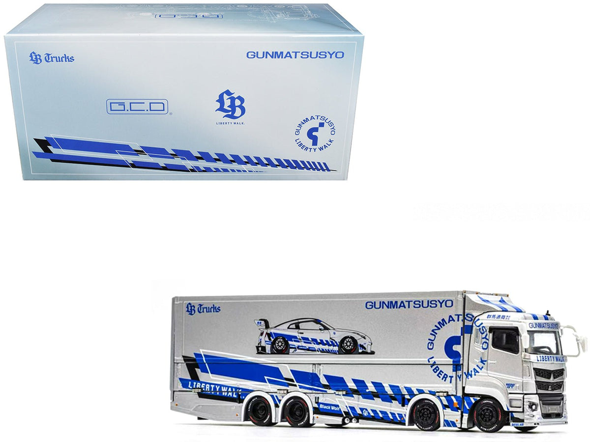 Mitsubishi Fuso Super Great Transporter RHD (Right Hand Drive) "LB-Trucks - Gunmatsusyo" Silver Metallic with Blue Graphics "Tokyo Auto Salon (TAS) 2026 Exclusive" 1/64 Diecast Model by GCD-GCD-ModelCars.com