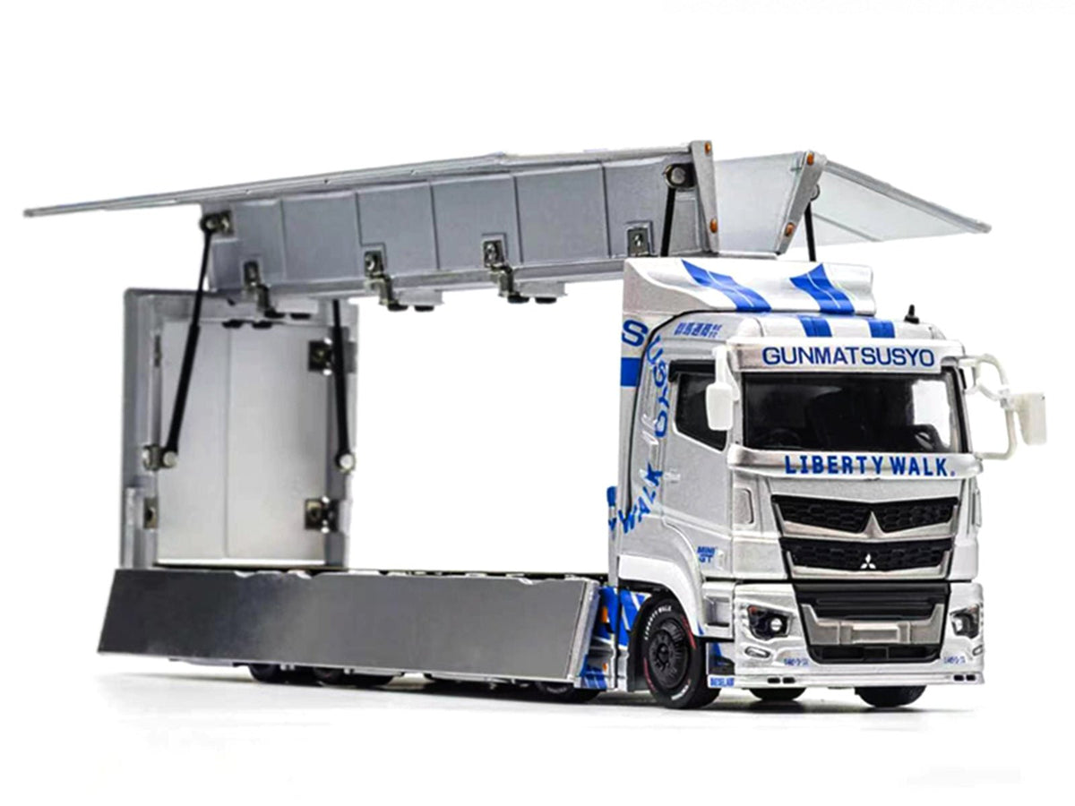 Mitsubishi Fuso Super Great Transporter RHD (Right Hand Drive) "LB-Trucks - Gunmatsusyo" Silver Metallic with Blue Graphics "Tokyo Auto Salon (TAS) 2026 Exclusive" 1/64 Diecast Model by GCD-GCD-ModelCars.com