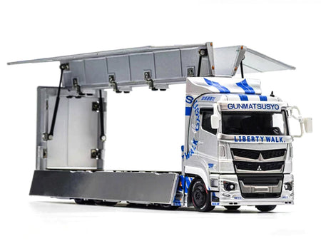 Mitsubishi Fuso Super Great Transporter RHD (Right Hand Drive) "LB-Trucks - Gunmatsusyo" Silver Metallic with Blue Graphics "Tokyo Auto Salon (TAS) 2026 Exclusive" 1/64 Diecast Model by GCD-GCD-ModelCars.com
