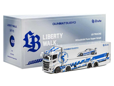 Mitsubishi Fuso Super Great Transporter RHD (Right Hand Drive) "LB-Trucks - Gunmatsusyo" Silver Metallic with Blue Graphics "Tokyo Auto Salon (TAS) 2026 Exclusive" 1/64 Diecast Model by GCD-GCD-ModelCars.com