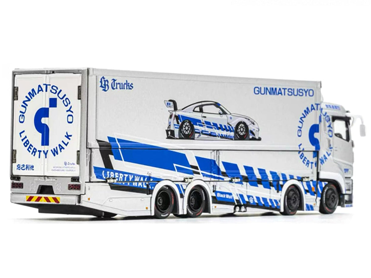 Mitsubishi Fuso Super Great Transporter RHD (Right Hand Drive) "LB-Trucks - Gunmatsusyo" Silver Metallic with Blue Graphics "Tokyo Auto Salon (TAS) 2026 Exclusive" 1/64 Diecast Model by GCD-GCD-ModelCars.com
