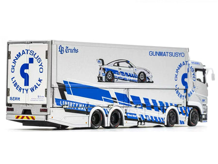 Mitsubishi Fuso Super Great Transporter RHD (Right Hand Drive) "LB-Trucks - Gunmatsusyo" Silver Metallic with Blue Graphics "Tokyo Auto Salon (TAS) 2026 Exclusive" 1/64 Diecast Model by GCD-GCD-ModelCars.com