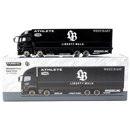 Mitsubishi Fuso Super Great Truck RHD (Right Hand Drive) with Transporter "Liberty Walk" Black "Truck64" Series 1/64 Diecast Model Car by Tarmac Works-Tarmac Works-ModelCars.com