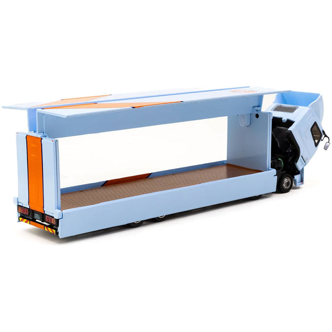 Mitsubishi Fuso Truck with Transporter Light Blue with Orange Stripes "Gulf Oil" "Truck64" Series 1/64 Diecast Model by Tarmac Works - Tarmac Works - ModelCars.com