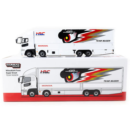 Mitsubishi Fuso Truck with Transporter "Team MUGEN - HRC" White with Graphics "Truck64" Series 1/64 Diecast Model Car by Tarmac Works-Tarmac Works-ModelCars.com
