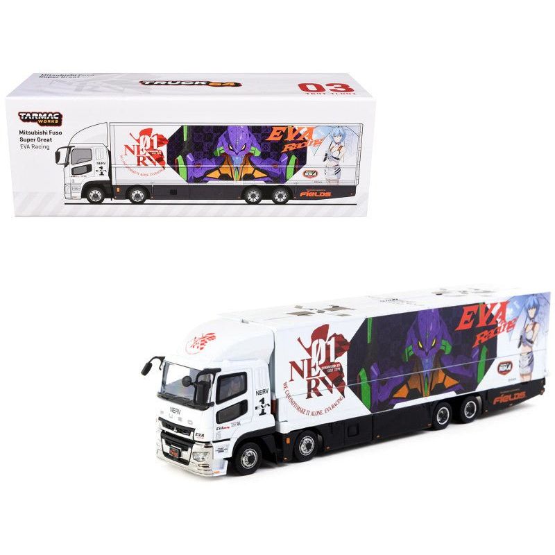 Mitsubishi Fuso Truck with Transporter White with Graphics "EVA Racing" "Truck64" Series 1/64 Diecast Model by Tarmac Works - Tarmac Works - ModelCars.com