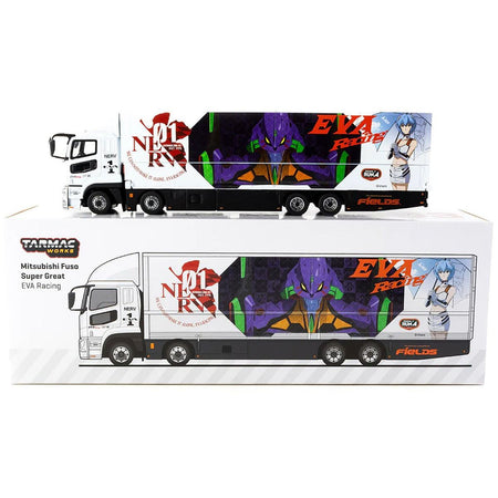 Mitsubishi Fuso Truck with Transporter White with Graphics "EVA Racing" "Truck64" Series 1/64 Diecast Model by Tarmac Works - Tarmac Works - ModelCars.com