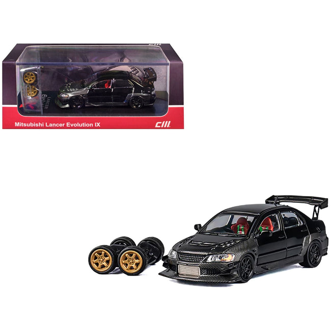Mitsubishi Lancer Evolution IX RHD (Right Hand Drive) Black and Carbon with Extra Wheels 1/64 Diecast Model Car by CM Model-CM Models-ModelCars.com
