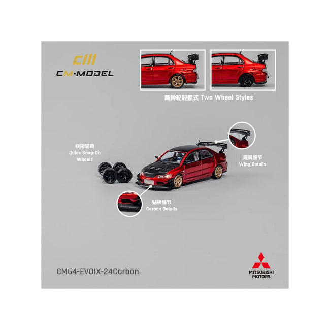 Mitsubishi Lancer Evolution IX RHD (Right Hand Drive) Red Metallic with Carbon Hood and Top with Extra Wheels 1/64 Diecast Model Car by CM Models - CM Models - ModelCars.com