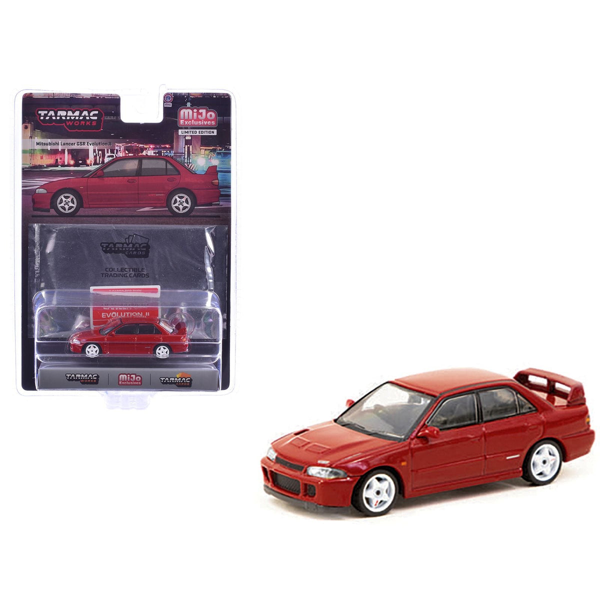 Mitsubishi Lancer GSR Evolution II RHD (Right Hand Drive) Red with Tarmac Cards "Global64" Series 1/64 Diecast Model by Tarmac Works-Tarmac Works-ModelCars.com