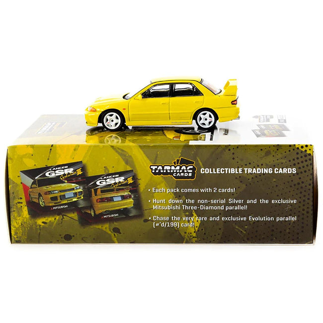Mitsubishi Lancer GSR Evolution III RHD (Right Hand Drive) Yellow with Tarmac Cards "Global64" Series 1/64 Diecast Model by Tarmac Works-Tarmac Works-ModelCars.com