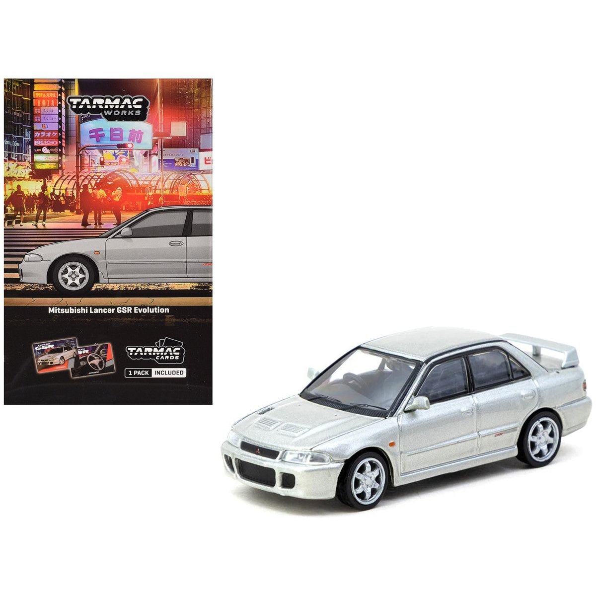 Mitsubishi Lancer GSR Evolution RHD (Right Hand Drive) Silver Metallic with Tarmac Cards "Global64" Series 1/64 Diecast Model by Tarmac Works-Tarmac Works-ModelCars.com