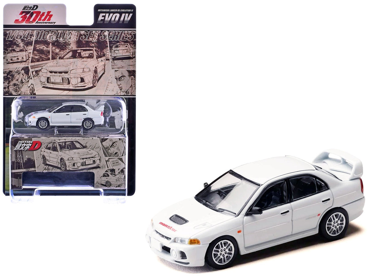 Mitsubishi Lancer RS Evolution IV RHD (Right Hand Drive) "MonStar" White "Initial D" (1995-2013) Manga "Diorama Set Series" 1/64 Diecast Model car by Hobby Japan-Hobby Japan-ModelCars.com