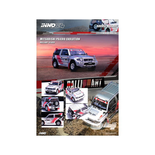 Mitsubishi Pajero Evolution RHD (Right Hand Drive) Silver Metallic with Graphics "Ralliart" 1/64 Diecast Model Car by Inno Models - Inno Models - ModelCars.com