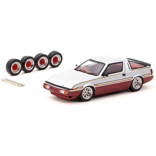 Mitsubishi Starion RHD (Right Hand Drive) Silver Metallic and Dark Red with Red Interior with Extra Wheels "Road64" Series 1/64 Diecast Model Car by Tarmac Works - Tarmac Works - ModelCars.com