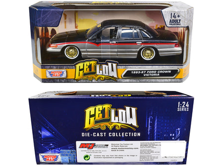 1993-1997 Ford Crown Victoria Lowrider Black Metallic and Silver with Red Stripes "Get Low" Series 1/24 Diecast Model Car by Motormax - view 3