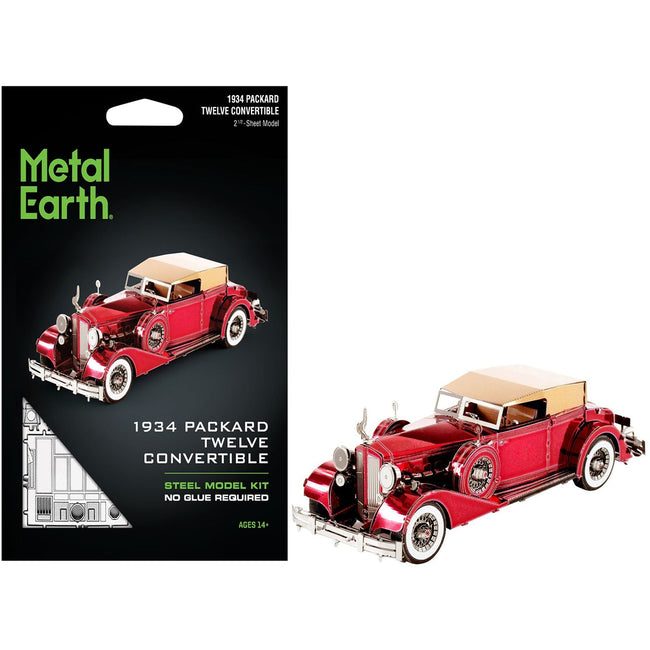 Model Kit 1934 Packard Twelve Convertible Red with Tan Soft Top (Moderate Difficulty) Steel Model by Metal Earth-Metal Earth-ModelCars.com