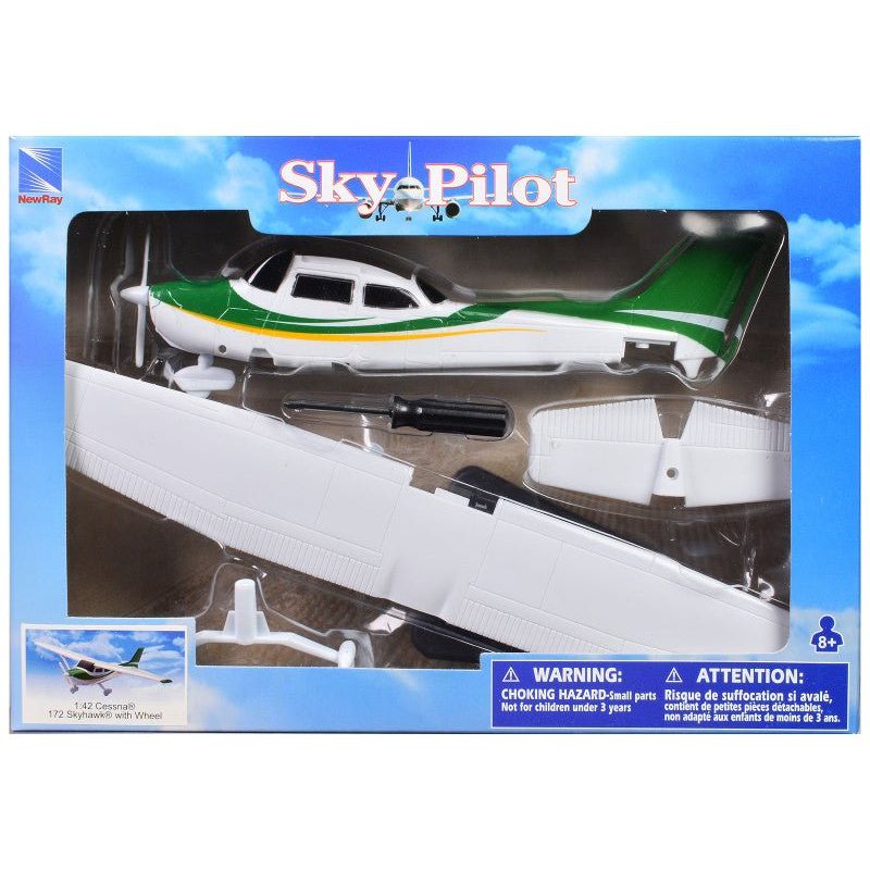 Model Kit Cessna 172 Skyhawk Aircraft White with Green and Yellow Stripes "Sky Pilot" Series 1/42 Plastic Model Kit by New Ray-New Ray-ModelCars.com