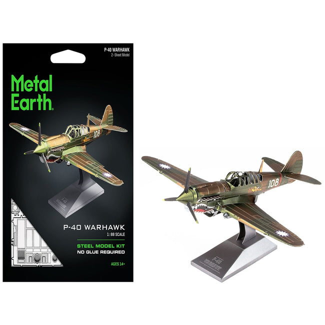 Model Kit Curtiss P-40 Warhawk Fighter-Bomber Aircraft "American Volunteer Group (AVG) Chinese Air Force" (Moderate Difficulty) Steel Model by Metal Earth-Metal Earth-ModelCars.com