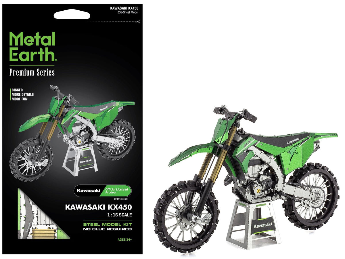 Model Kit Kawasaki KX450 Off-Road Motorcycle Green (Challenging Difficulty) Steel Model by Metal Earth-Metal Earth-ModelCars.com