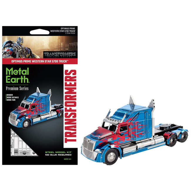 Model Kit Western Star 5700 Truck "Optimus Prime" Blue with Red Flames "Transformers: The Last Knight" (2017) Movie (Moderate Difficulty) Steel Model by Metal Earth-Metal Earth-ModelCars.com