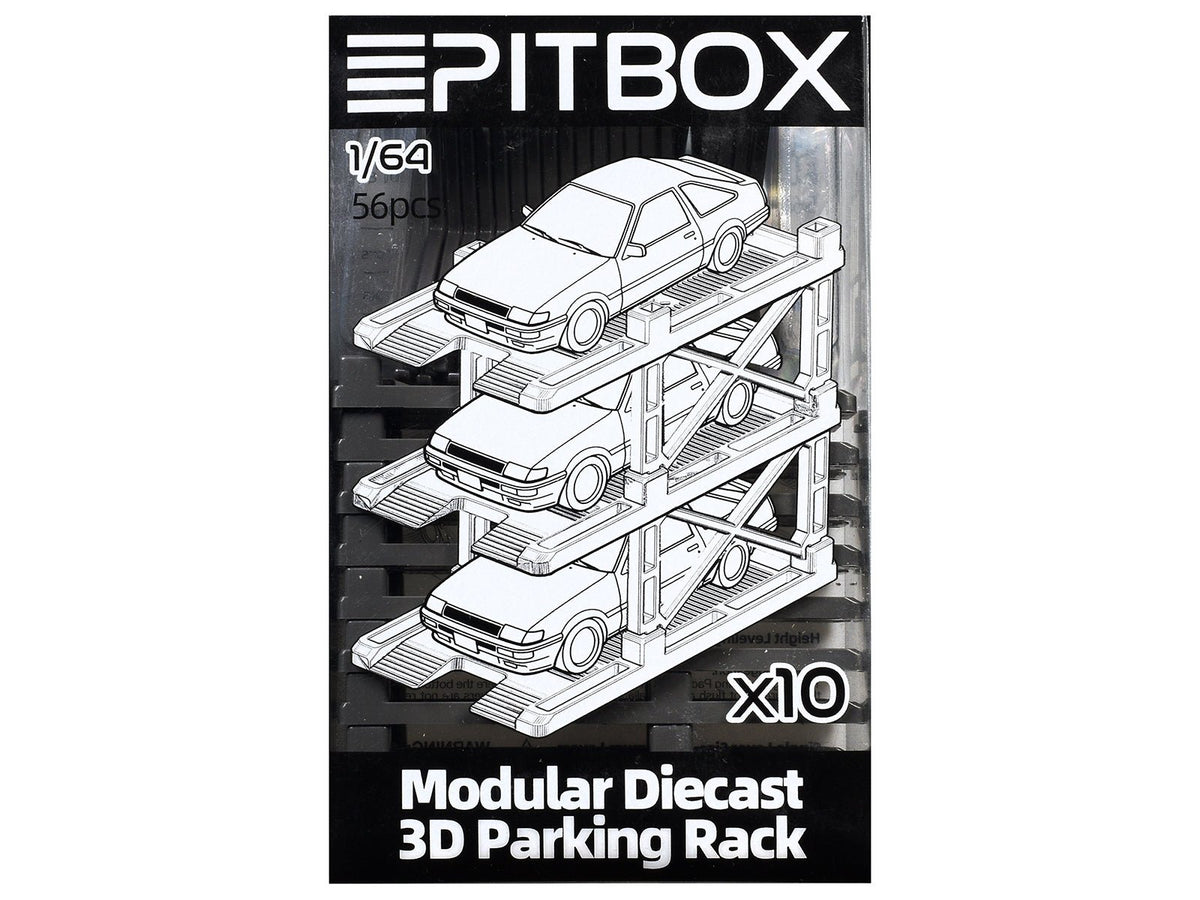 Modular Diecast 3D Parking Rack Display Stand Set of 10 Racks for 1/64 Scale Model Cars by Pitbox-Pitbox-ModelCars.com