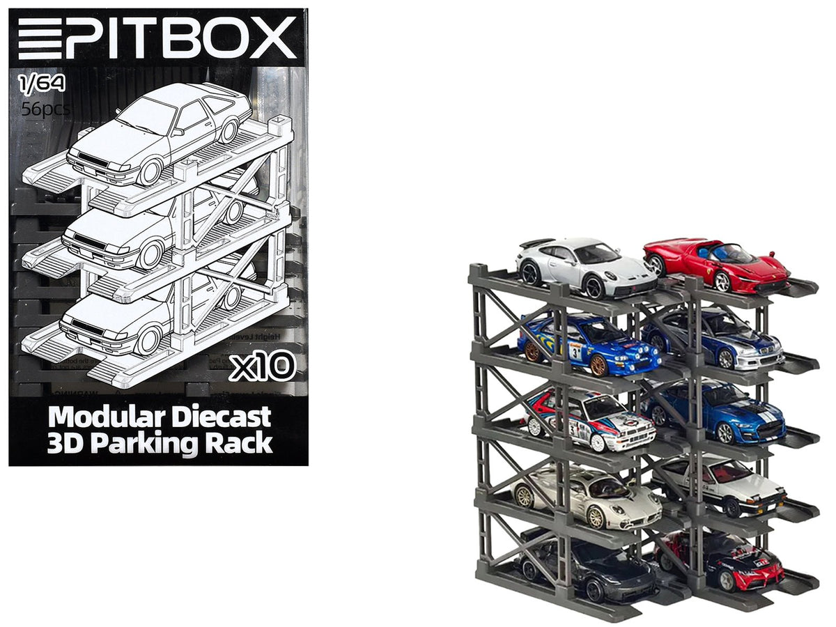 Modular Diecast 3D Parking Rack Display Stand Set of 10 Racks for 1/64 Scale Model Cars by Pitbox-Pitbox-ModelCars.com