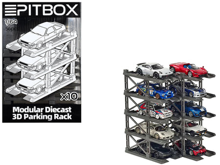 Modular Diecast 3D Parking Rack Display Stand Set of 10 Racks for 1/64 Scale Model Cars by Pitbox-Pitbox-ModelCars.com
