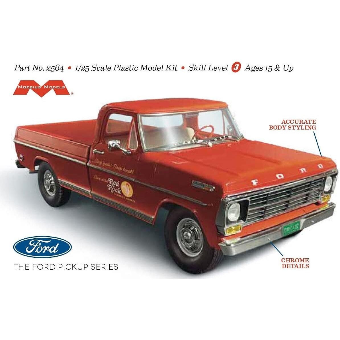 Moebius 1968 Ford F-250 Custom Cab Pickup 1/25 Scale Model Kit-Moebius-ModelCars.com