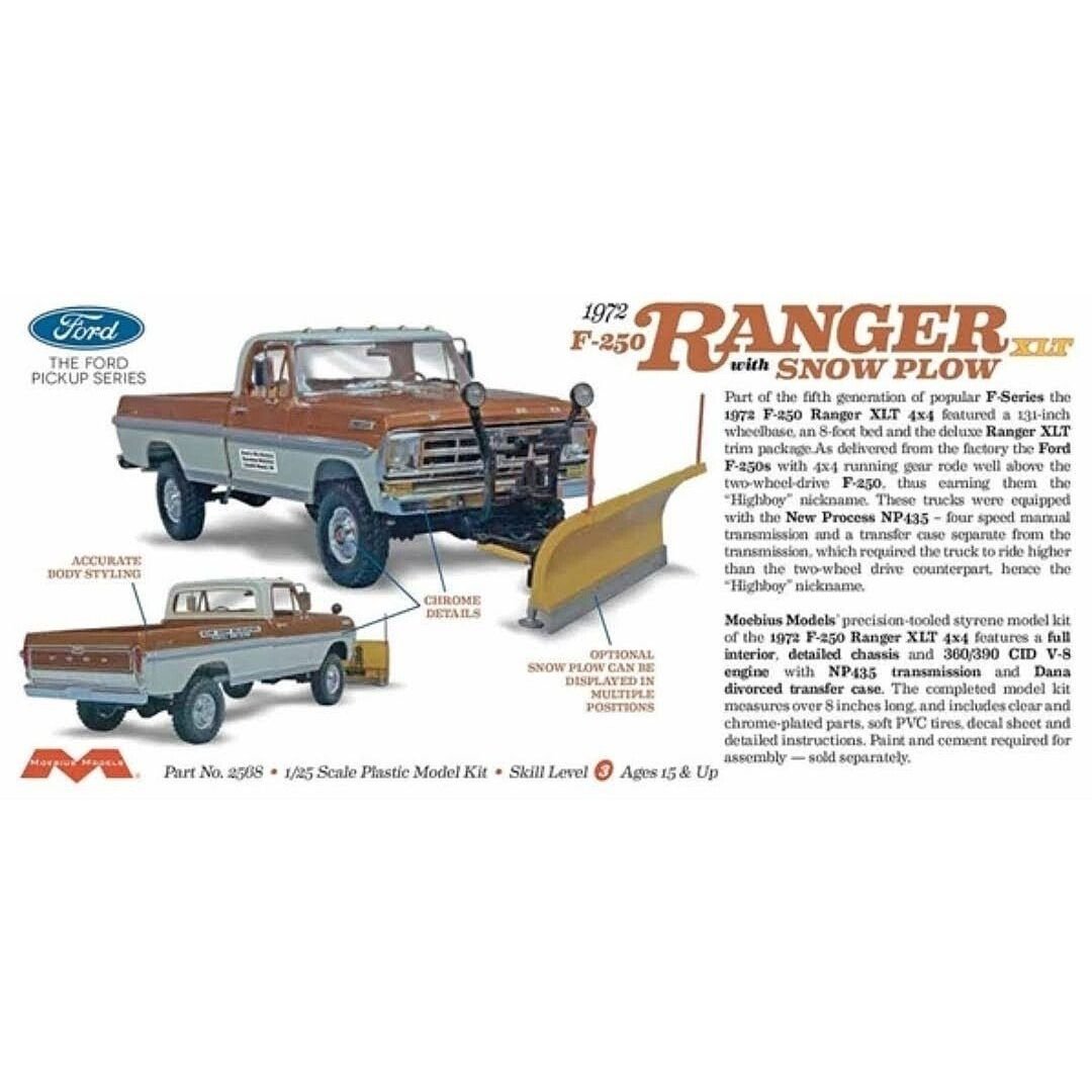 Moebius 1972 Ford F-250 4x4 With Snow Plow 1/25 Scale Model Kit-Moebius-ModelCars.com