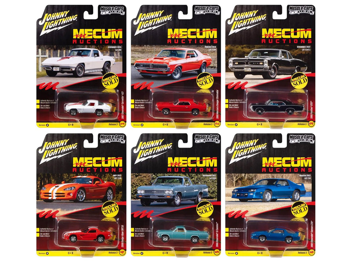 "Muscle Cars USA" 2025 Release 3 Set A of 6 pieces "MECUM Auctions" 1/64 Diecast Model Cars by Johnny Lightning-Johnny Lightning-ModelCars.com
