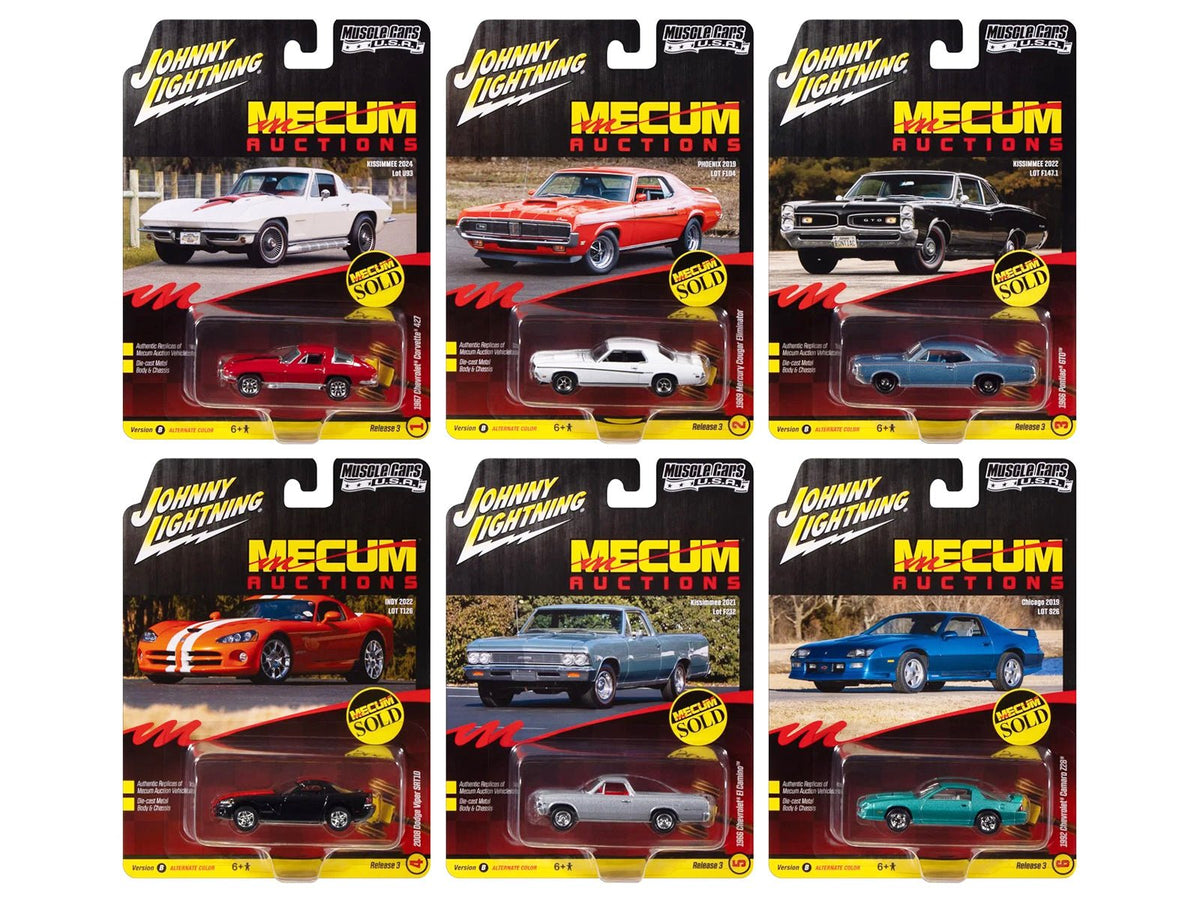 "Muscle Cars USA" 2025 Release 3 Set B of 6 pieces "MECUM Auctions" 1/64 Diecast Model Cars by Johnny Lightning-Johnny Lightning-ModelCars.com