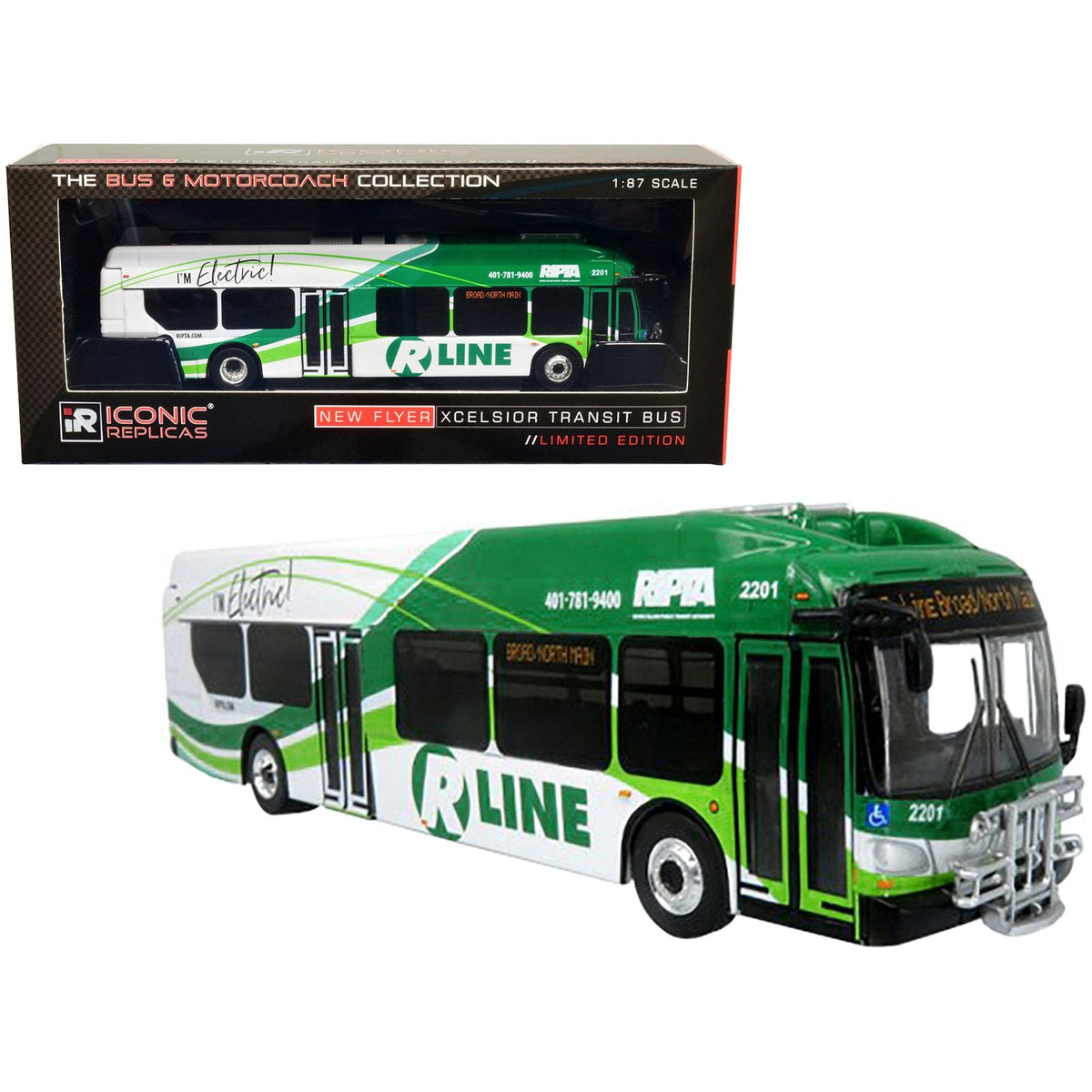 New Flyer Xcelsior Charge NG Electric Transit Bus RIPTA (Rhode Island Public Transit Authority) "R Line Broad/North Main" "The Bus & Motorcoach Collection" 1/87 Diecast Model by Iconic Replicas - Iconic Replicas - ModelCars.com
