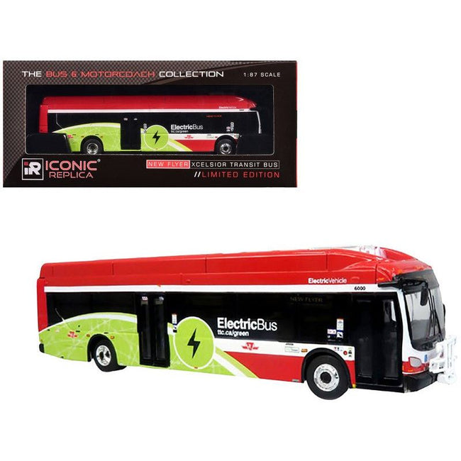 New Flyer Xcelsior Charge NG Electric Transit Bus "TTC (Toronto Transit Commission)" Red and Green with White Stripes "The Bus & Motorcoach Collection" 1/87 (HO) Diecast Model by Iconic Replicas-Iconic Replicas-ModelCars.com