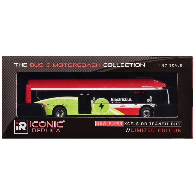 New Flyer Xcelsior Charge NG Electric Transit Bus "TTC (Toronto Transit Commission)" Red and Green with White Stripes "The Bus & Motorcoach Collection" 1/87 (HO) Diecast Model by Iconic Replicas - Iconic Replicas - ModelCars.com